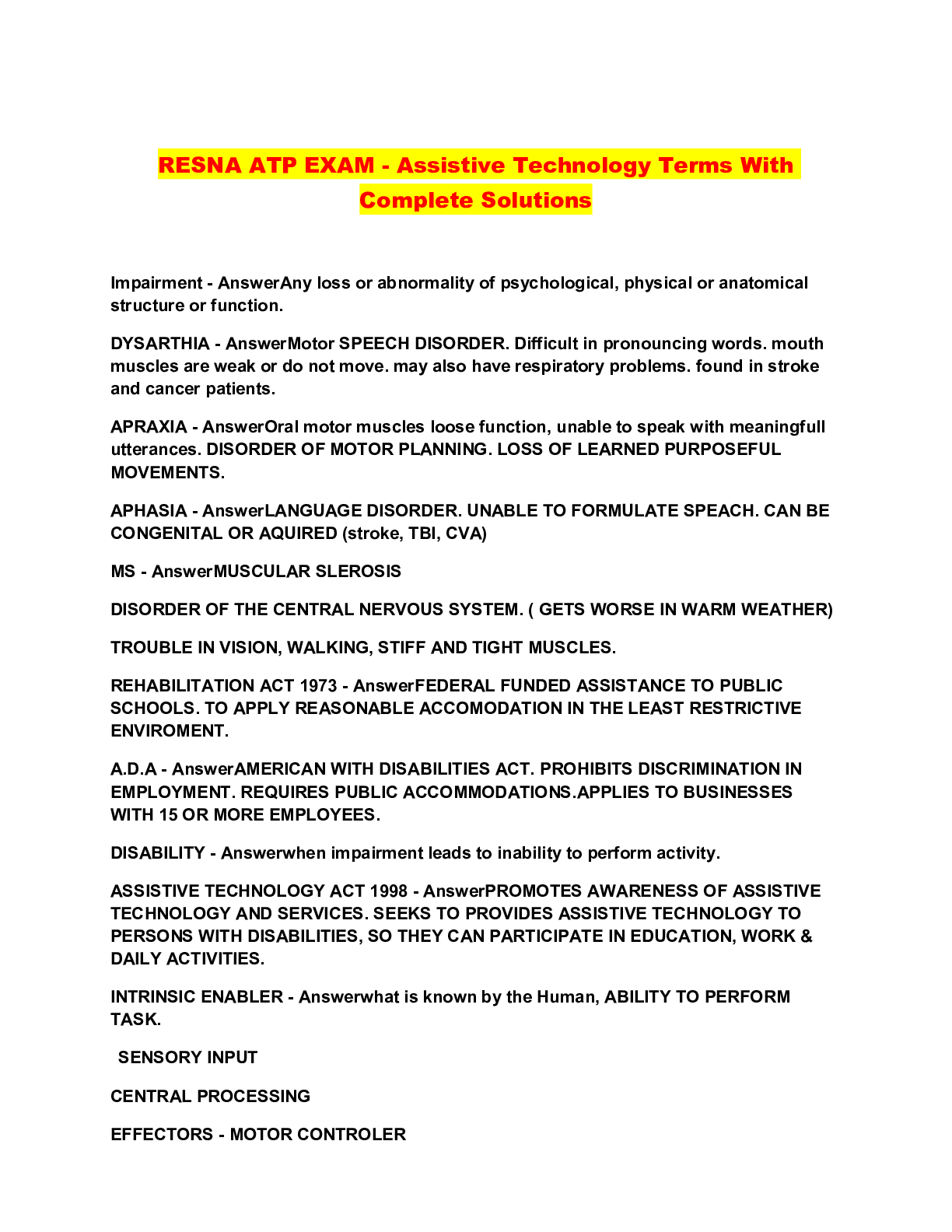 Preview image for RESNA ATP EXAM - Assistive Technology Terms With Complete Solutions